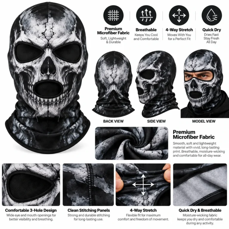 Custom Skull Printed Balaclava – Three-Hole Microfiber: features and views