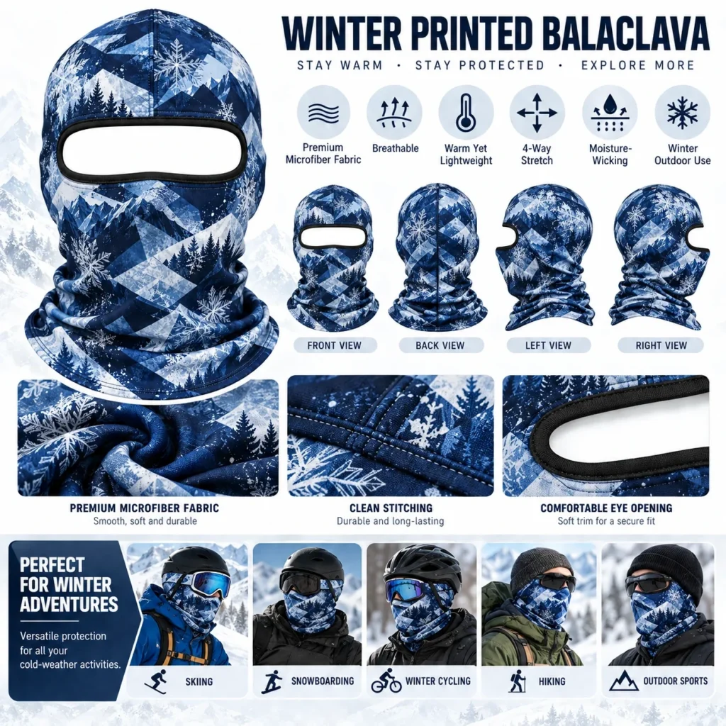 Cagoule imprimée flocons de neige – microfibre d’hiver : caractéristiques et vues