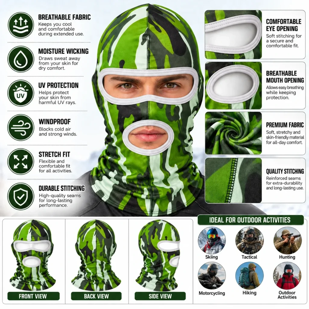 Cagoule sublimée camouflage à trois ouvertures – rayures vertes : caractéristiques et vues