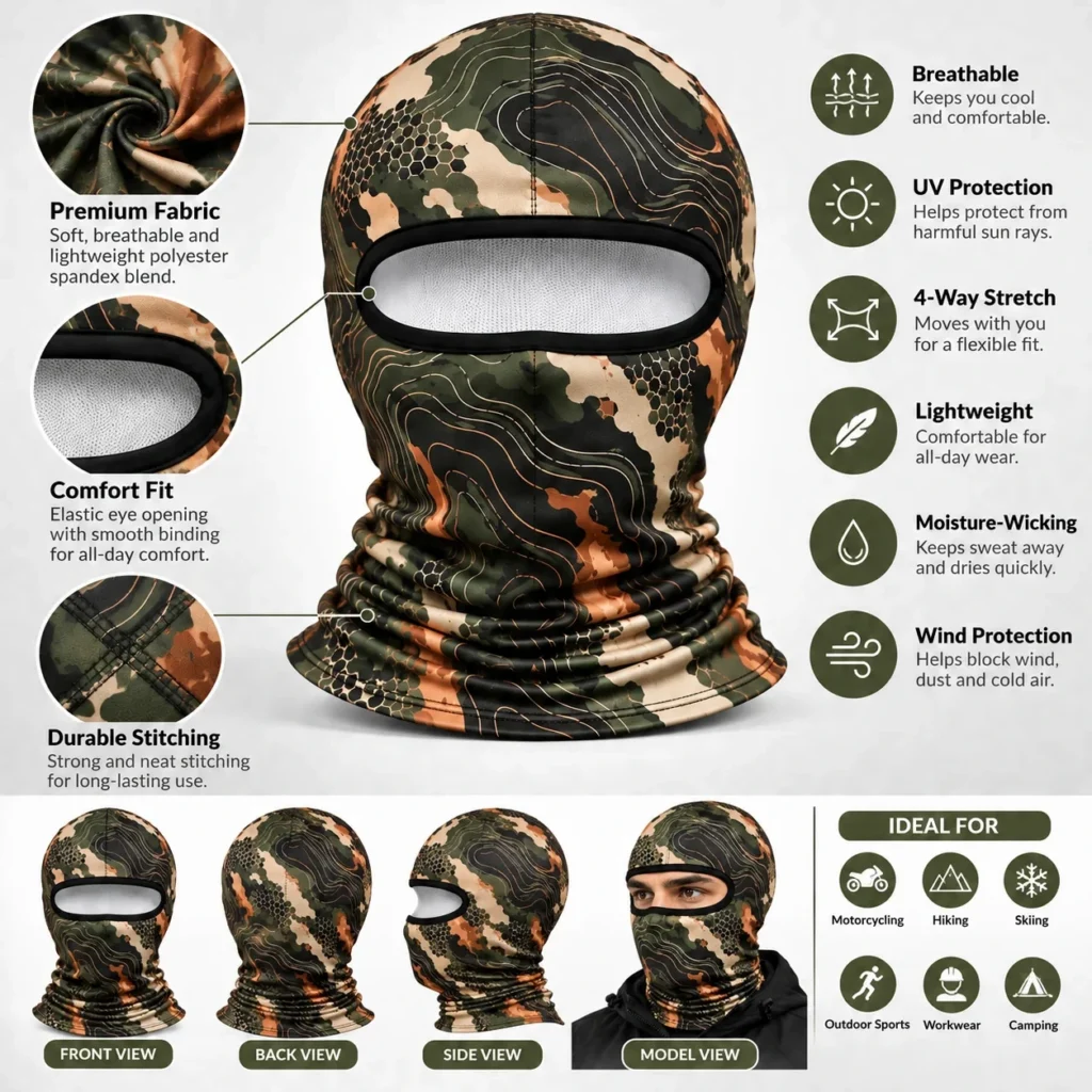 Topo-Tarn-Sturmhaube – Polyester-Elasthan-Mischung: Merkmale und Ansichten