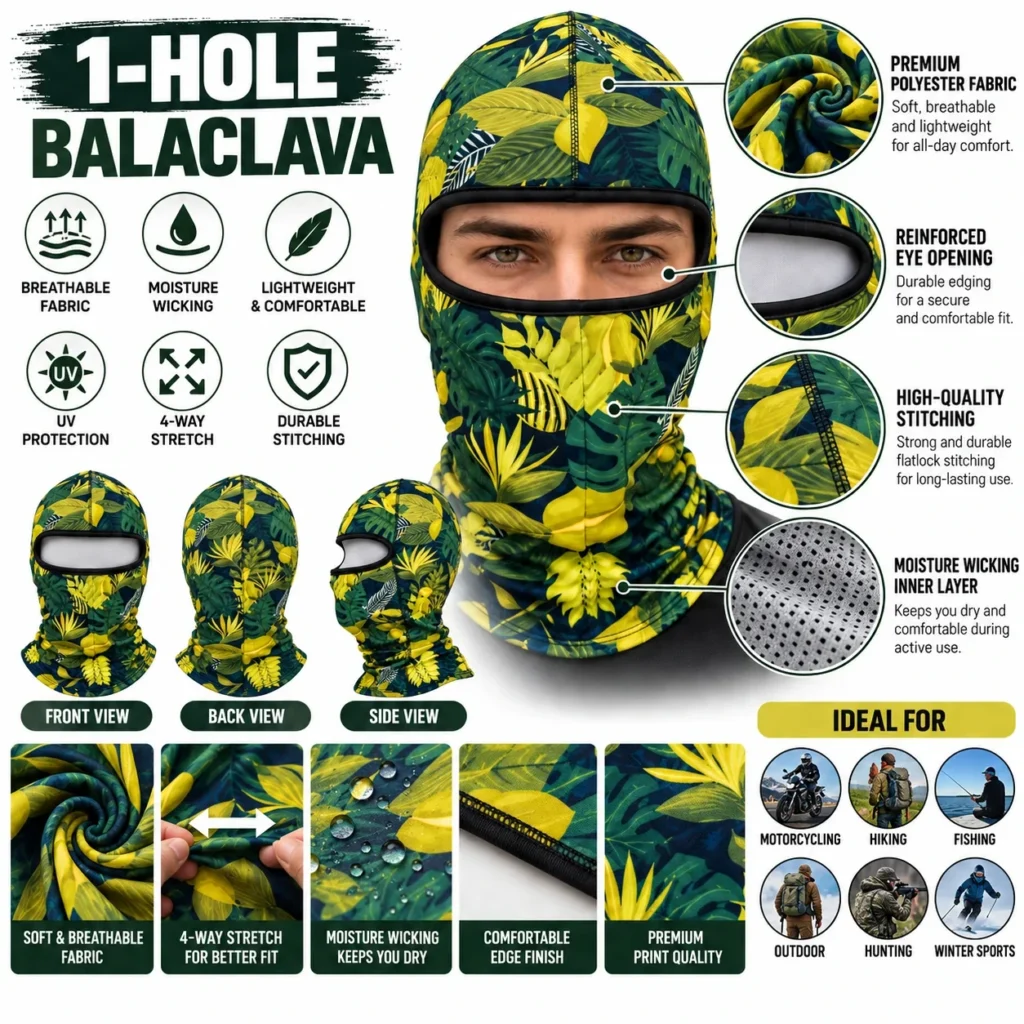Pasamontañas sublimado de hojas tropicales – visor de malla: características y vistas