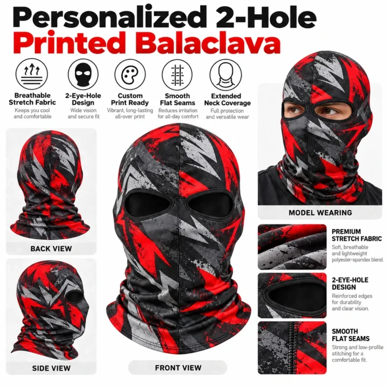 Custom Two-Hole Printed Balaclava – Red Geometric Design: features and views