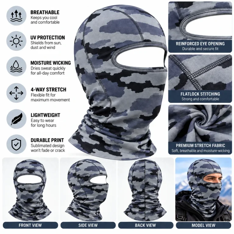 Custom Urban Camo Sublimated Balaclava – Grey Stretch Jersey: features and views