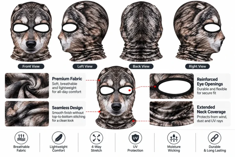 Custom Wolf Face Sublimated Balaclava – Seamless Front: features and views