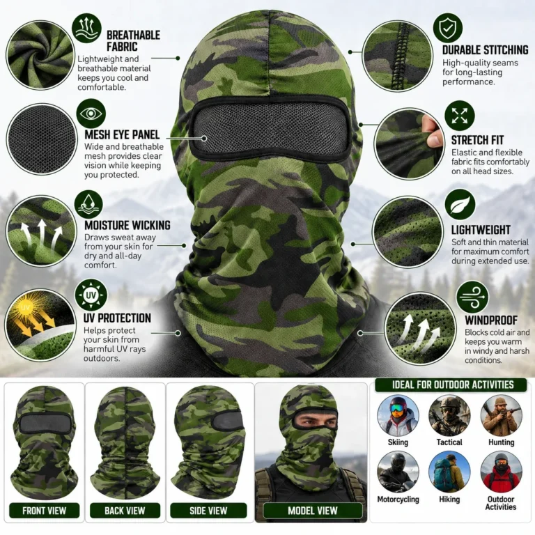 Custom Woodland Camo Sublimated Balaclava – Mesh Eye Panel: features and views