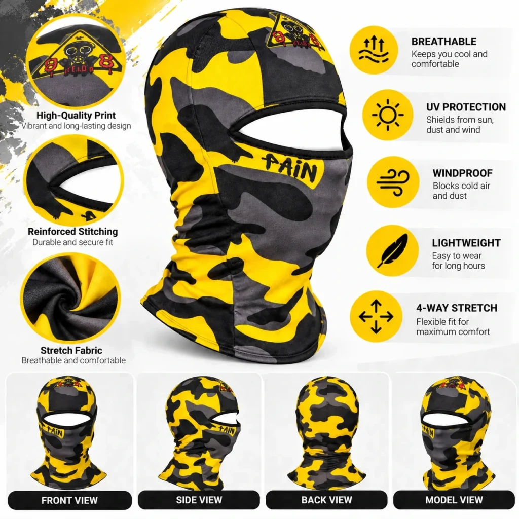 Pasamontañas sublimado de camuflaje amarillo – rótulo gráfico: características y vistas