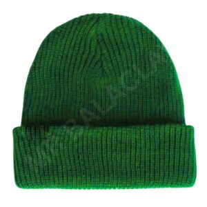 Green knitted beanie hat.
