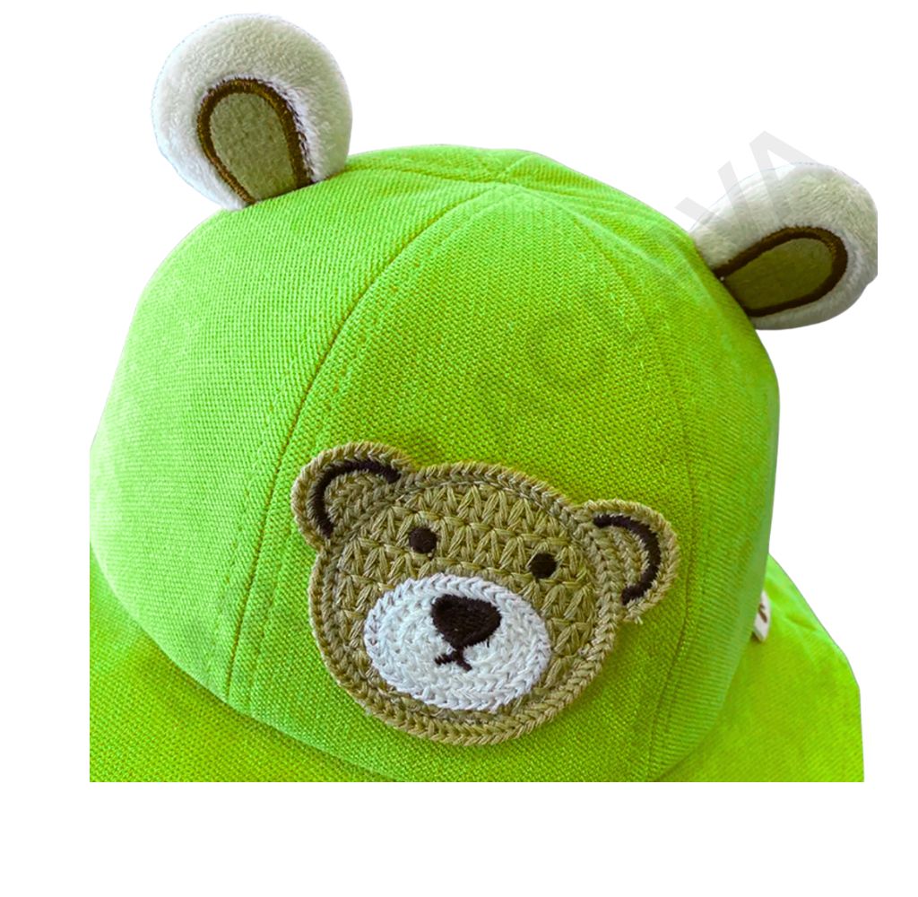 A bright green hat with plush bear ears and an embroidered teddy bear face.