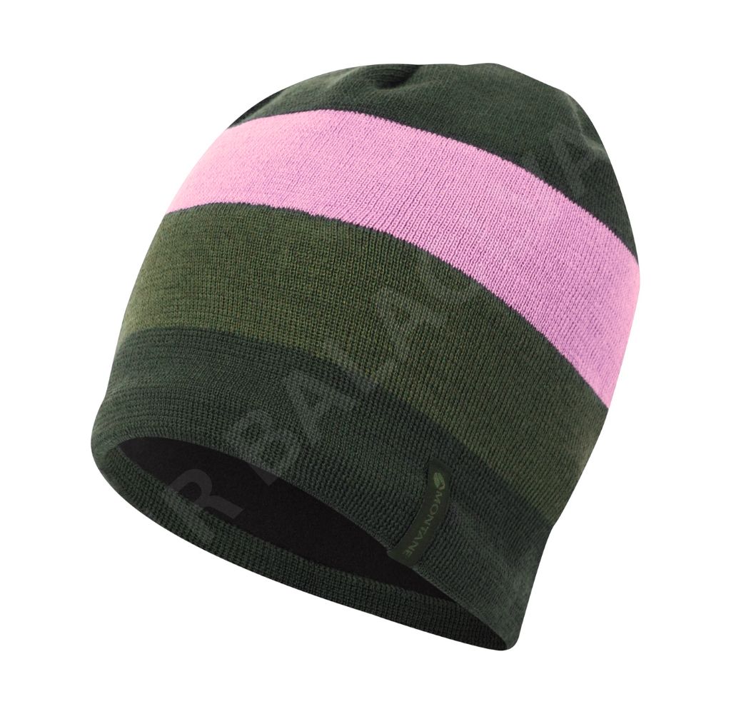A dark green beanie with a wide pink stripe and a "MONTANE" label.