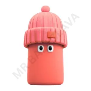 A coral-colored cylindrical object wearing a ribbed pink knit beanie with a pom-pom on top and two white eyes with black pupils.