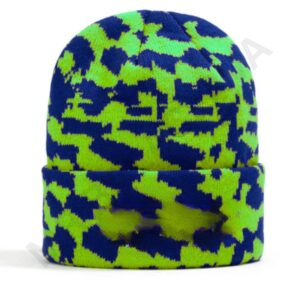 A vibrant green and blue camouflage beanie.