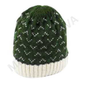 Green knitted beanie with white zigzag pattern and a white ribbed brim.