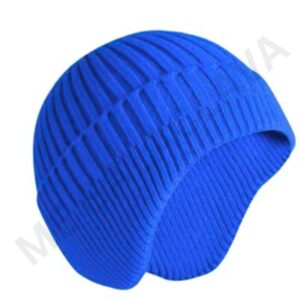 A bright blue ribbed beanie.