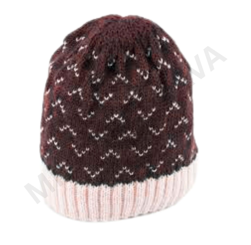 Brown knitted beanie with white zigzag pattern and a light pink ribbed brim.
