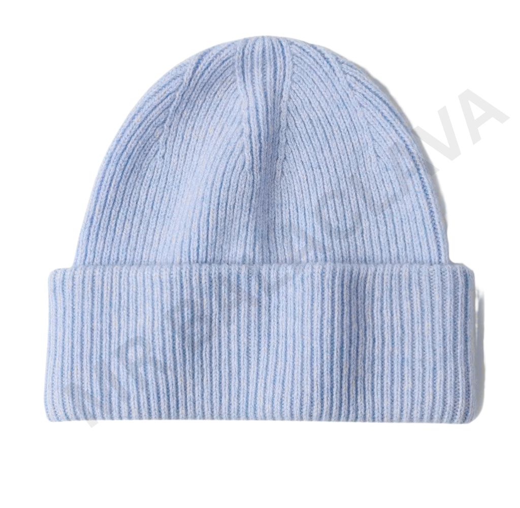 A light blue ribbed knit beanie hat on a white background.