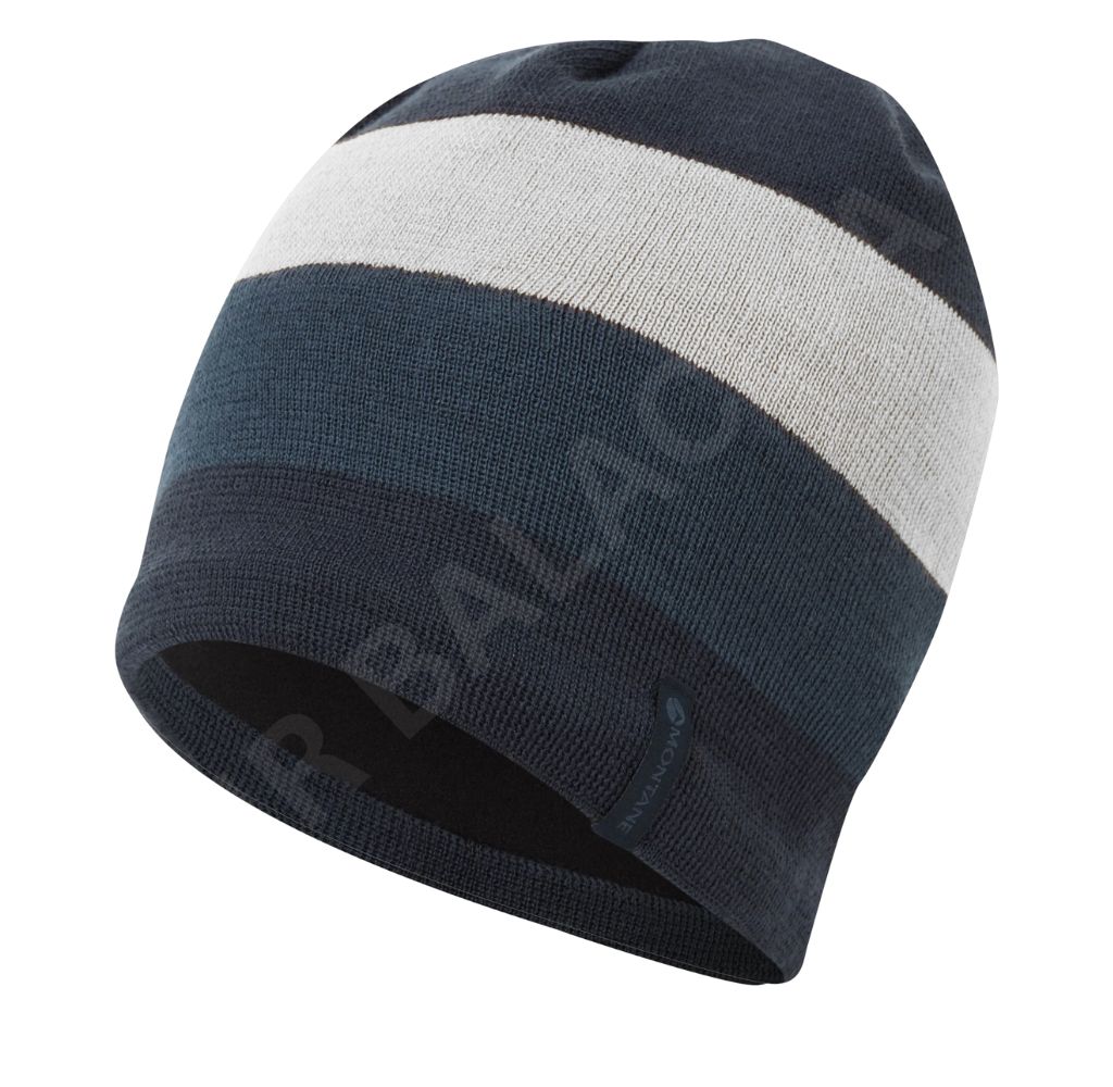 A dark gray and light gray striped beanie with a "MONTANE" label.