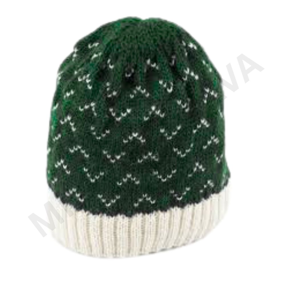 Dark green knitted beanie with a repeating white "V" pattern and a cream-colored ribbed cuff.