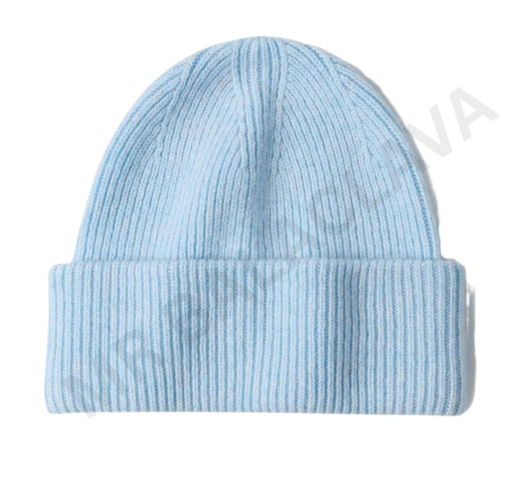 A light blue ribbed knit beanie hat on a white background.