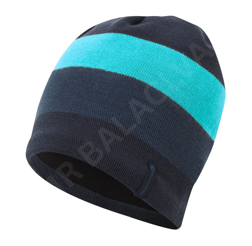 A dark gray beanie with a wide aqua stripe and a "MONTANE" label.