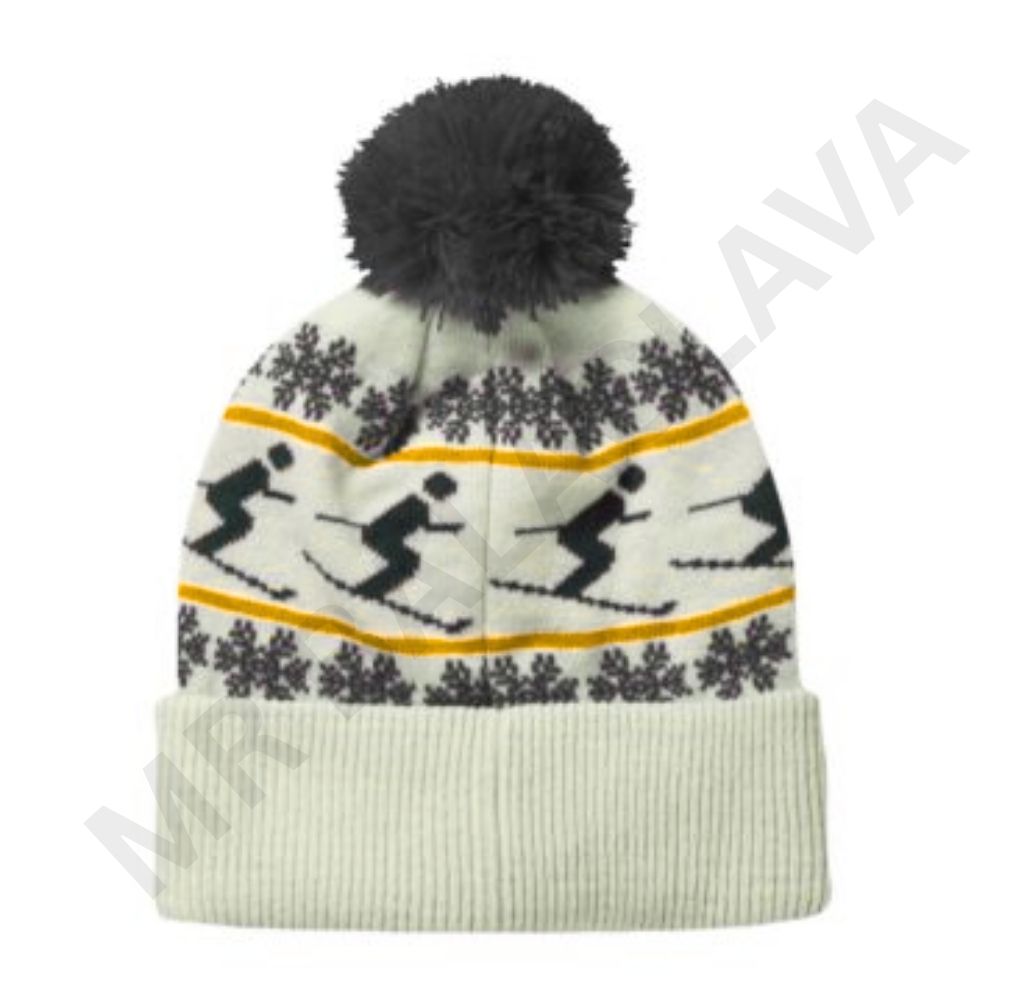 A white knitted winter hat with a black pom-pom, featuring a pattern of black skiers and orange lines, and dark gray snowflakes.