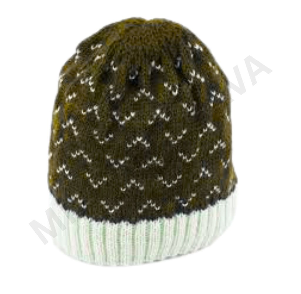 Olive green knitted beanie with a white zigzag pattern and a light green ribbed brim.