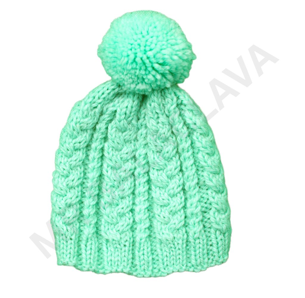 Mint green knit hat with a pom-pom and cable knit pattern