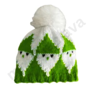A white and green knitted winter hat with a white pom-pom on top, featuring a repeating pattern of white gnome faces with black eyes and small green noses.