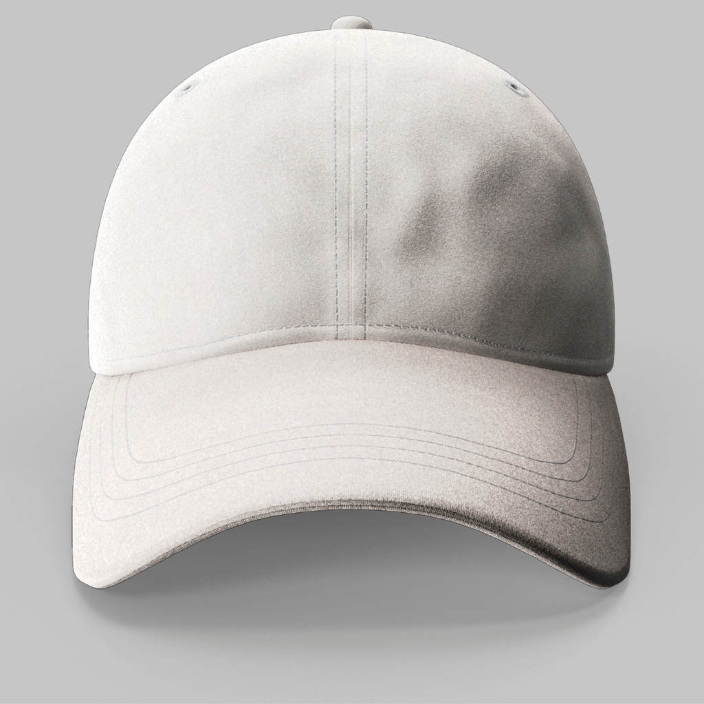 Une casquette de baseball unie de couleur claire avec une visière incurvée repose sur un fond gris neutre.