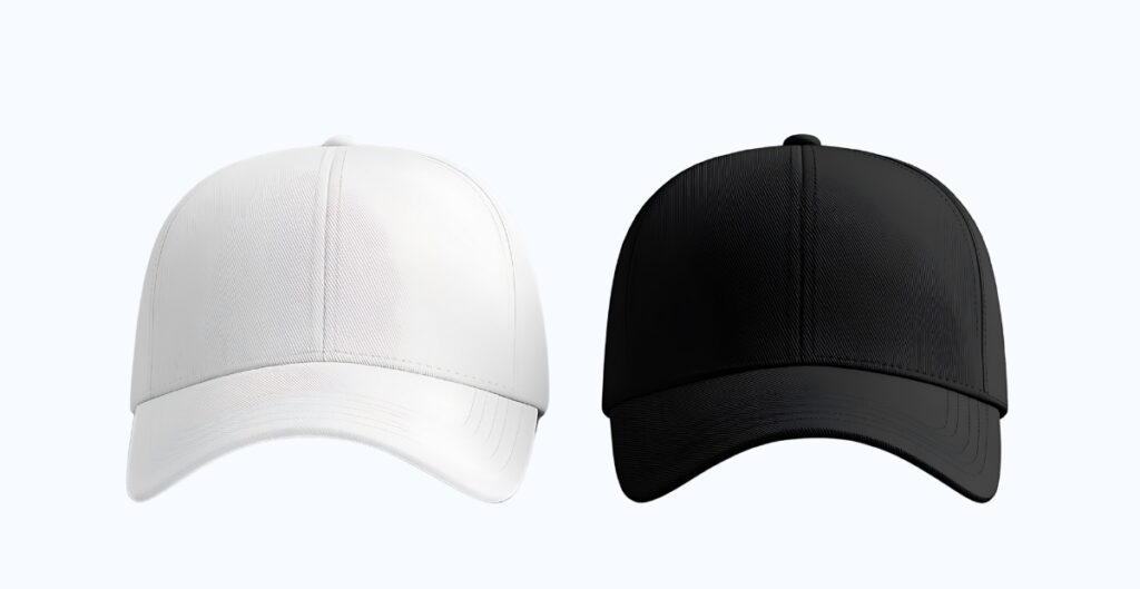 A plain white and a plain black baseball cap side by side, ready for embroidery