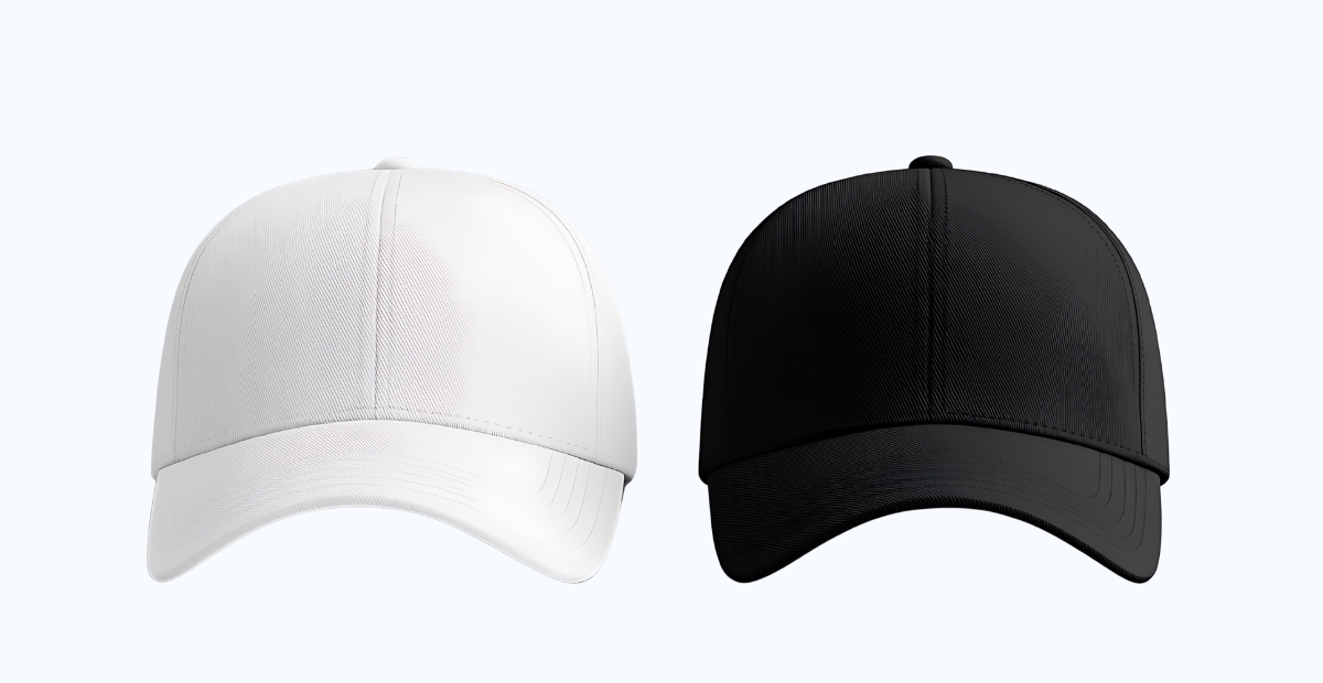 A plain white and a plain black baseball cap side by side, ready for embroidery