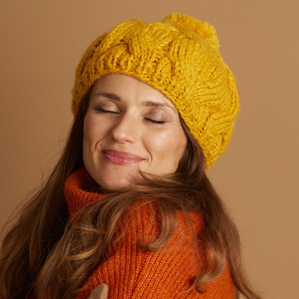 Frau mit einer dicken gelben Strickmütze und einem orangefarbenen Pullover, die mit geschlossenen Augen vor einem warmen beigen Hintergrund lächelt.