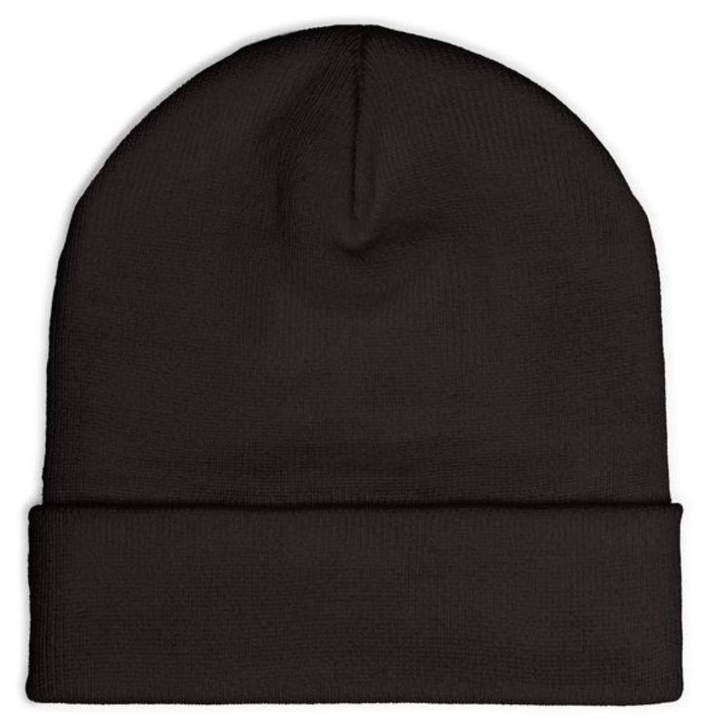 Eine schlichte schwarze Strickmütze mit umgeschlagenem Rand.