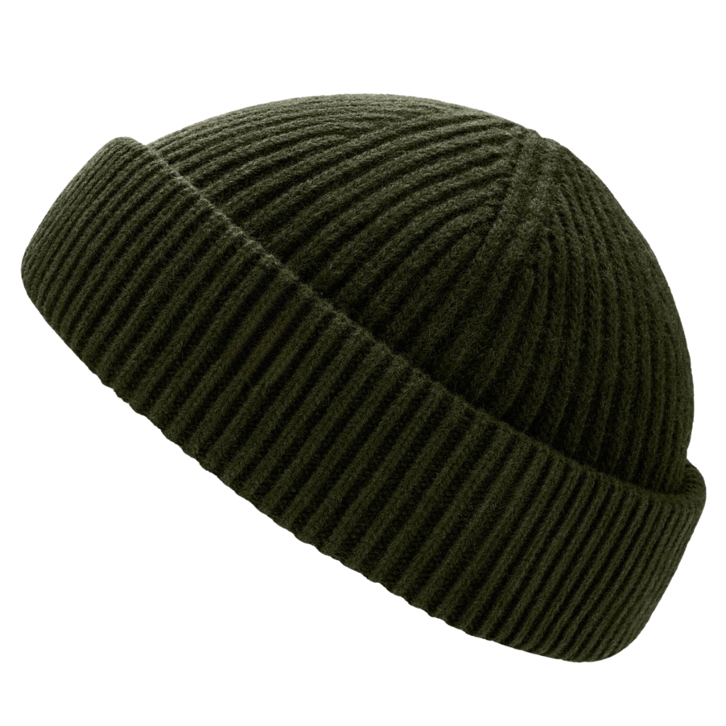 A dark olive green fisherman-style knit beanie with a wide folded brim and ribbed texture