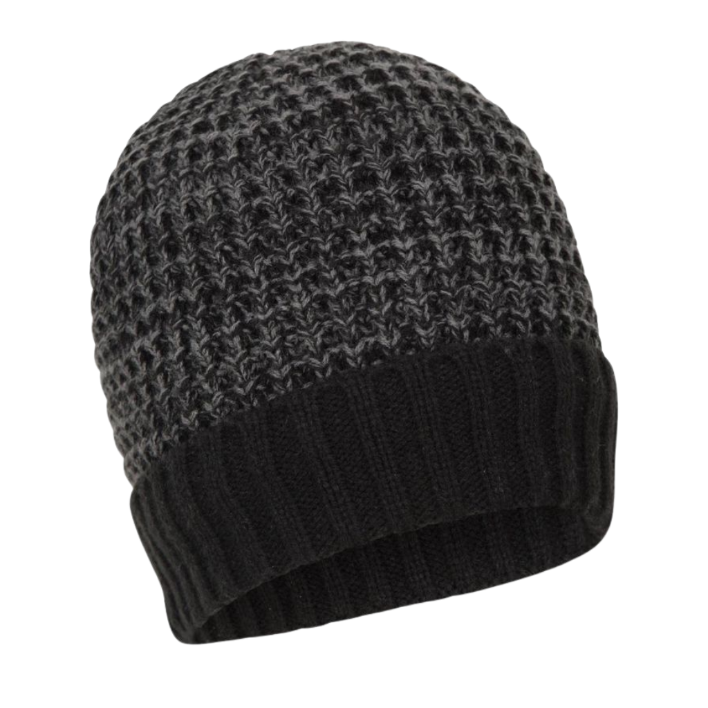 Eine kuschelige, mit Fleece gefütterte Mütze in einer einfarbigen Ausführung (z. B. marineblau oder anthrazit), von vorne mit umgeschlagenem Rand abgebildet, wodurch das weiche Fleecefutter an der Öffnung sichtbar wird.