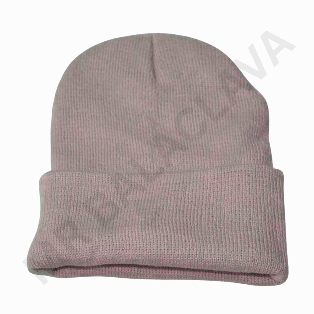 Soft pink knit beanie with a folded cuff and no pom-pom.