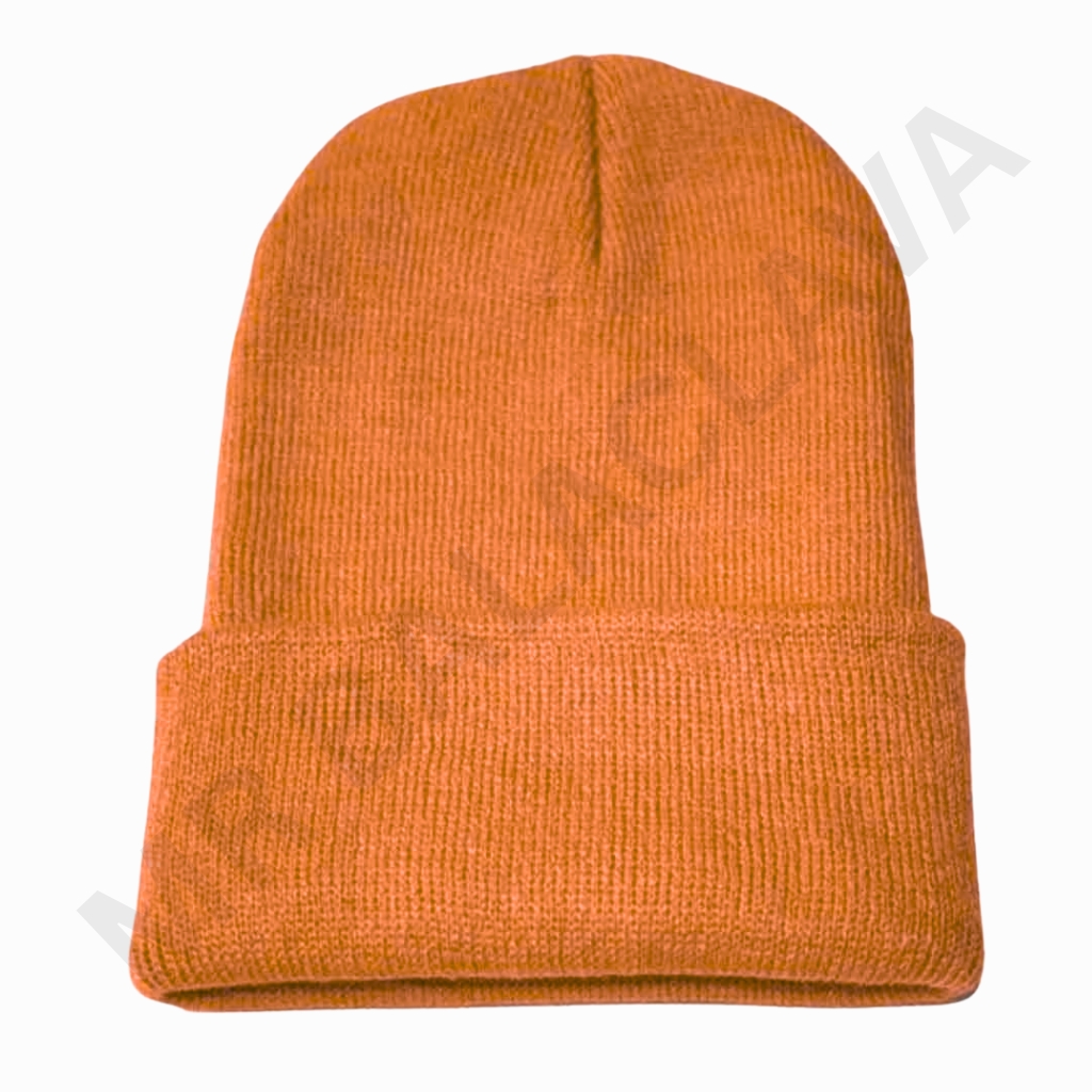 Bright orange knit beanie with a folded cuff and a smooth, rounded top.