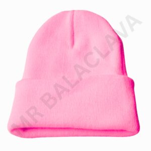 Bright pink knit beanie with a folded cuff and no pom-pom.