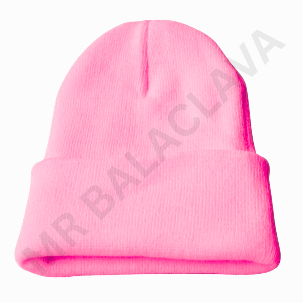 Bright pink knit beanie with a folded cuff and no pom-pom.
