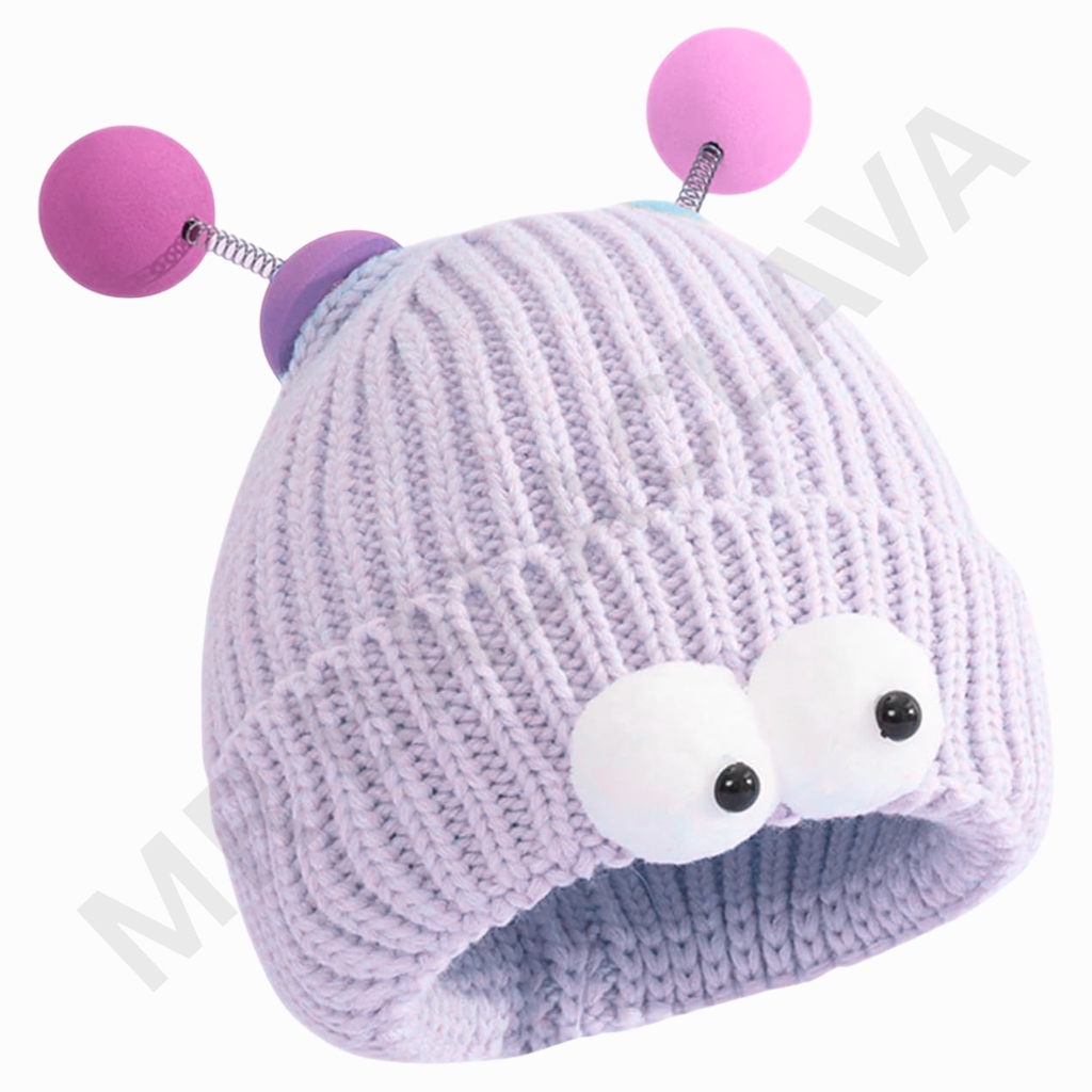 A lavender knitted hat with a rounded crown, two large white cartoon eyes near the brim, and pink antennae with pom-poms extending from the top.