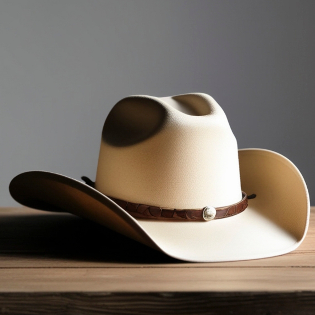 Un chapeau de cowboy beige de style fedora, avec un bandeau en cuir marron et un concho décoratif en argent, posé sur une surface en bois devant un fond neutre.