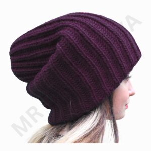 Deep plum knit slouch beanie with thick diagonal ribbing and a relaxed fit.