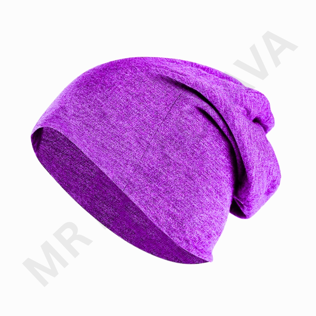 A vibrant purple knit hat with a slouchy, folded design photographed against a white background.