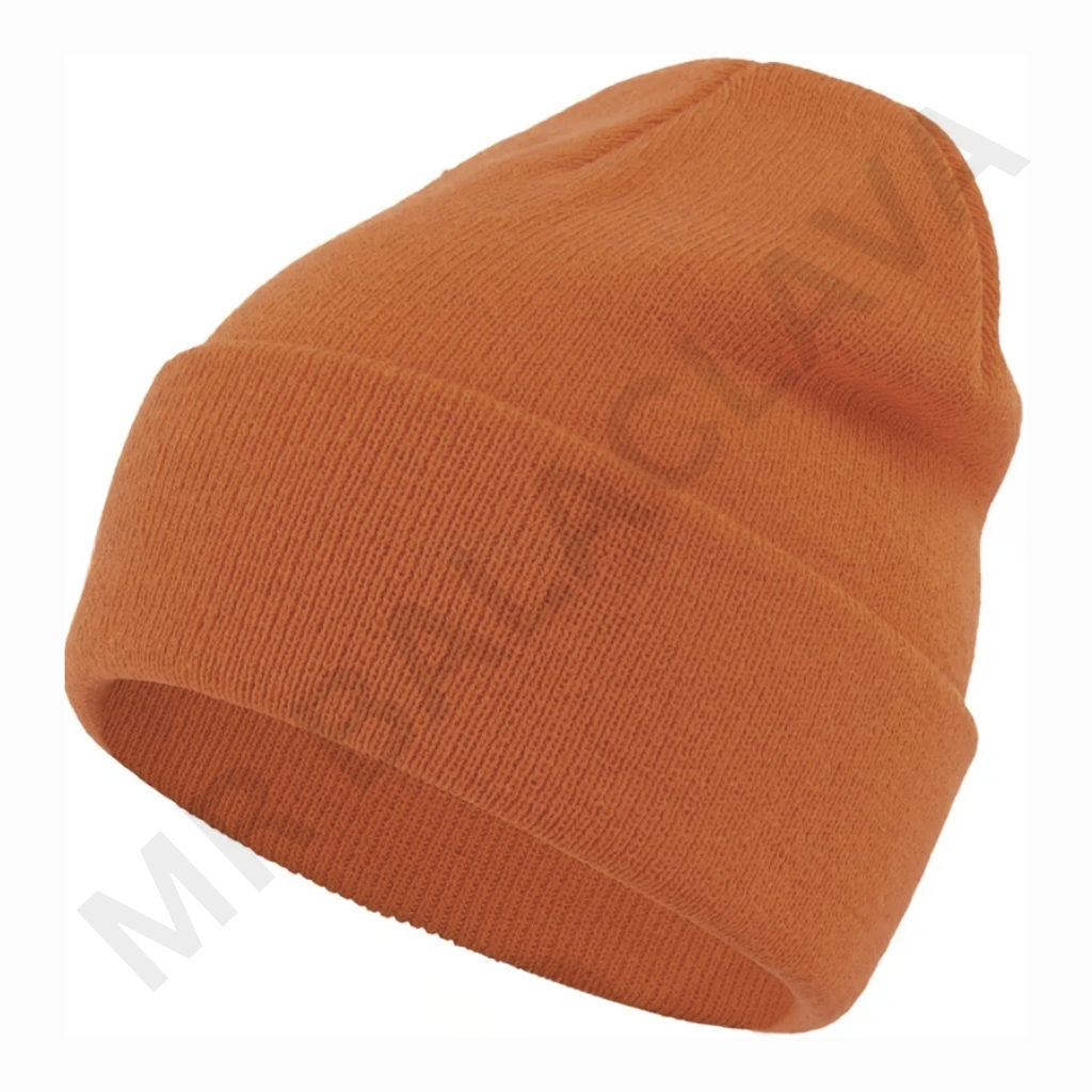 An orange knit beanie with a wide rolled cuff, shown against a white background.