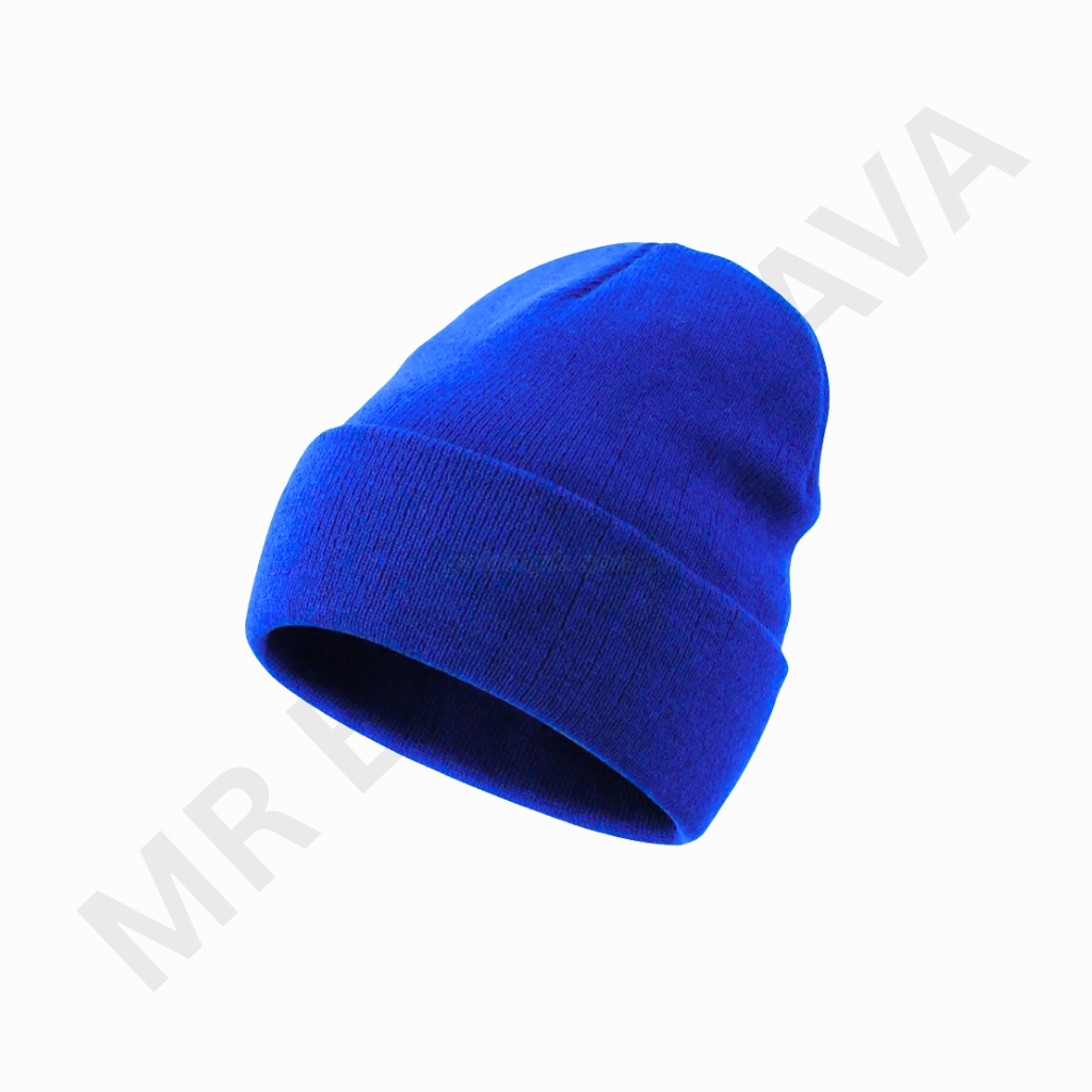 A solid royal blue knit beanie with a folded cuff, photographed against a white background.