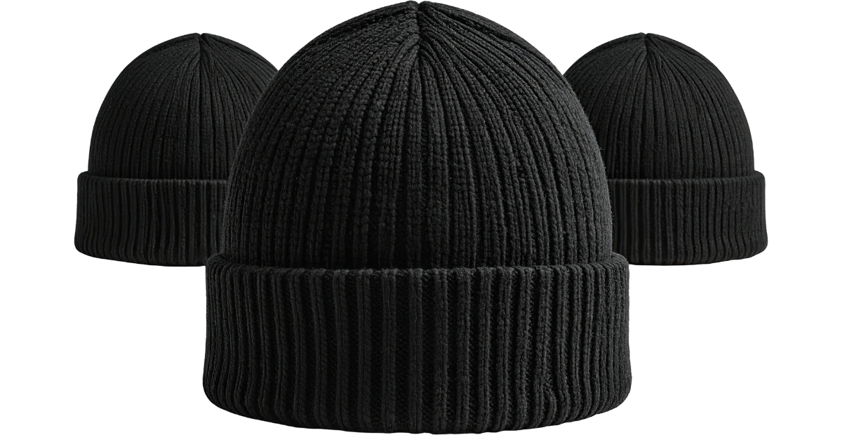 Drei schwarze Strickmützen mit breiten Umschlägen, in einer Reihe angeordnet