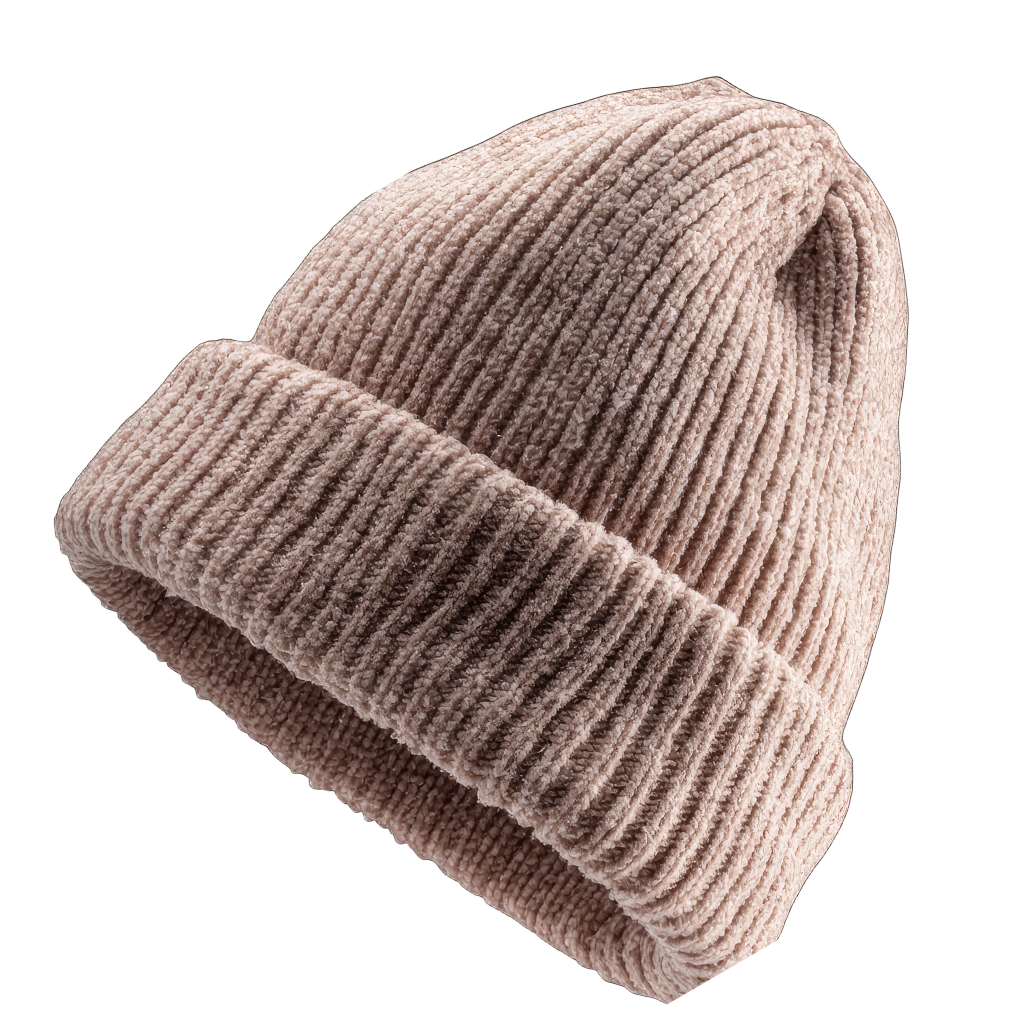 Eine weiche, gerippte Strickmütze in einem warmen Beigeton, die am unteren Rand umgeschlagen ist.