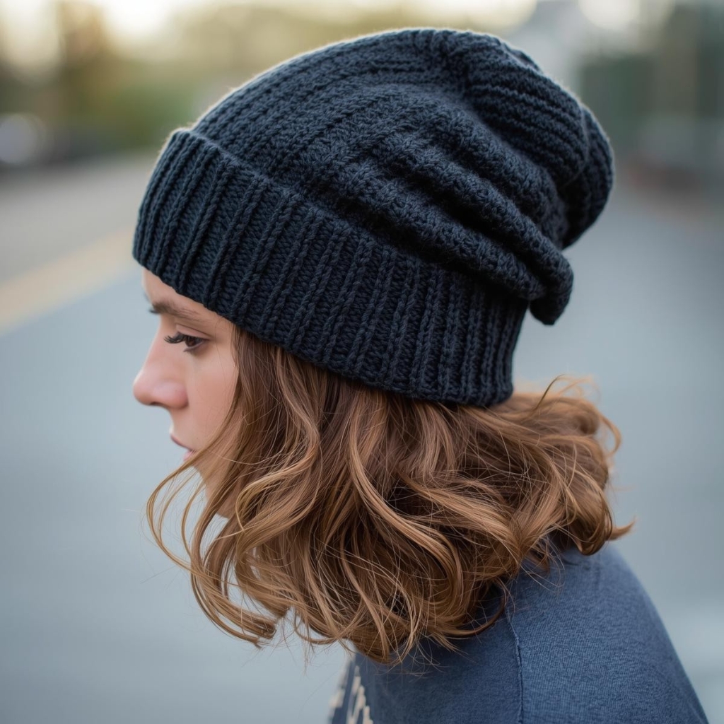 Une femme portant un bonnet en tricot bleu foncé à la coupe ample, photographiée de profil.