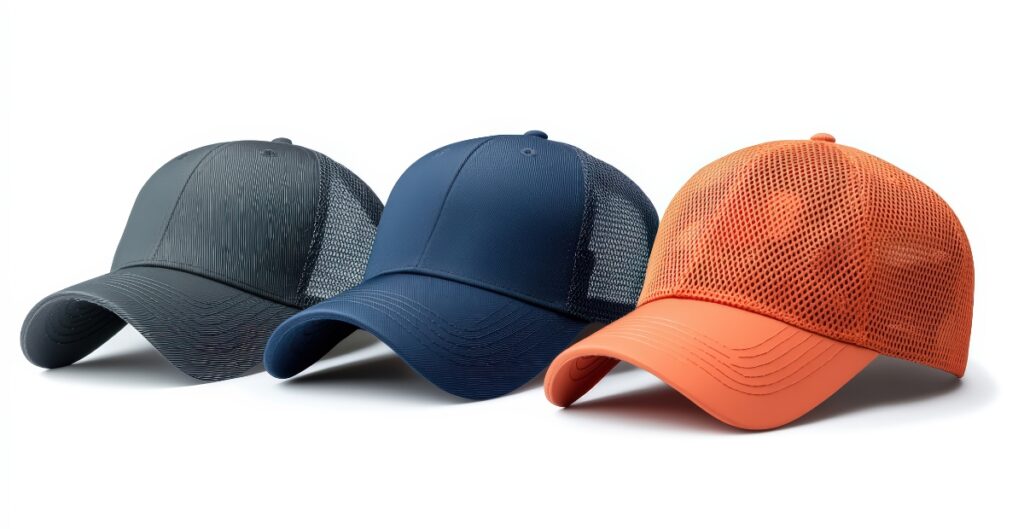 Drei einfarbige Trucker Caps mit Mesh-Rücken in Grau, Marineblau und Orange, in einer Reihe auf weißem Hintergrund