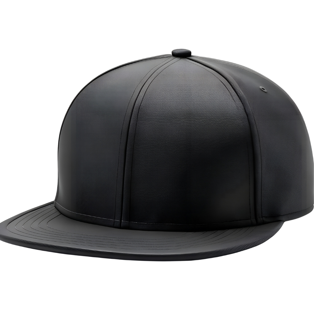 Eine einfarbige schwarze Kappe mit flacher, runder Oberseite und gebogenem Schirm, aus leichtem Seitenwinkel fotografiert.
