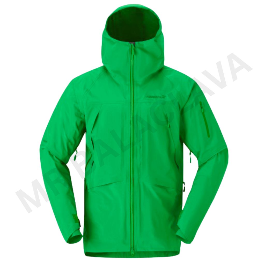 A vibrant green waterproof jacket with a hood and multiple zippers.